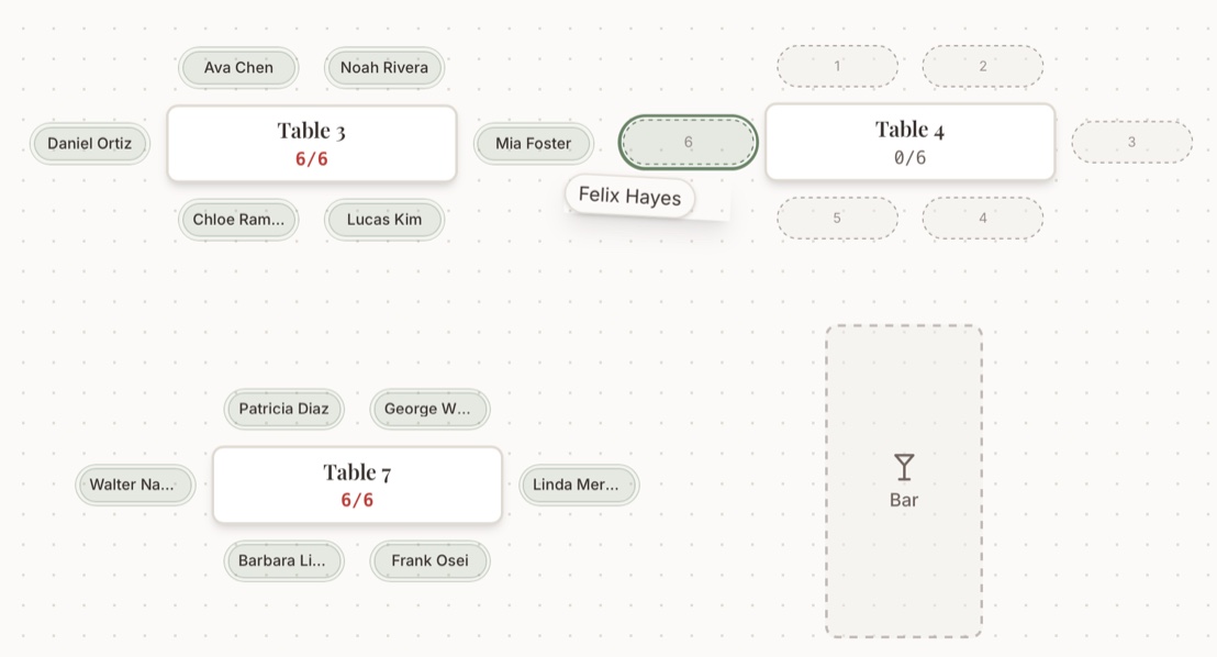 Dragging guests to their seats on the Seatview floor plan, with live seat counts on every table.